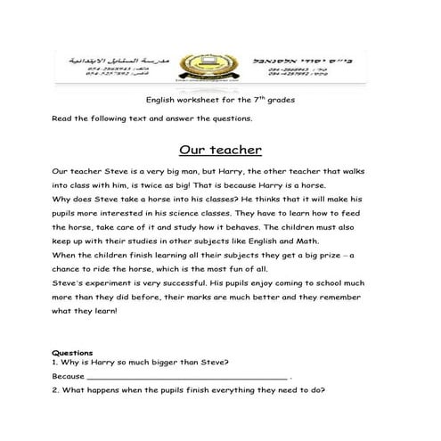 English worksheet for the 7th grades