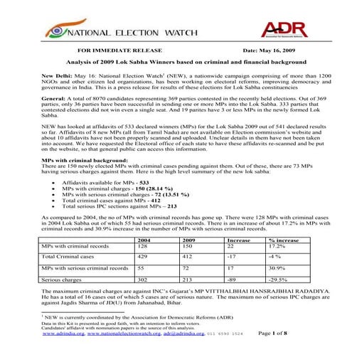 Lok Sabha 20009 - MPs with criminal backgrounds