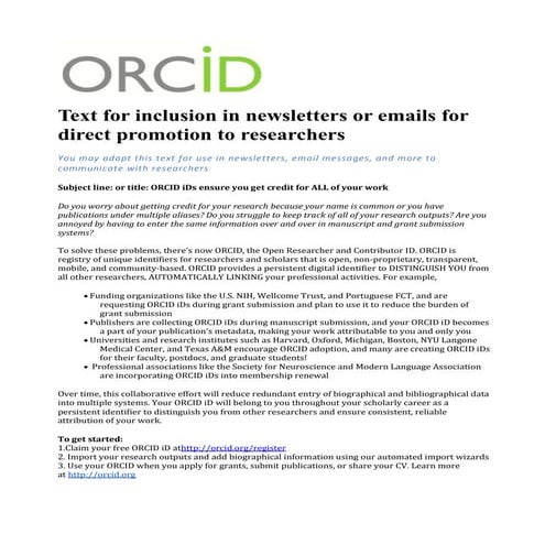 Newsletter text about ORCID