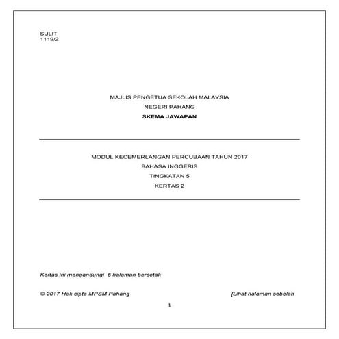 Kertas Percubaan SPM 2017 Bahasa Inggeris Kertas 2 Pahang (answer scheme)