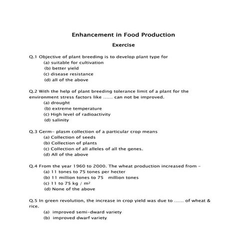 Enhancement in Food Production Exercises - MH-CET 2015 