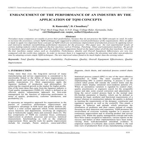 Enhancement of the performance of an industry by the application of tqm concepts