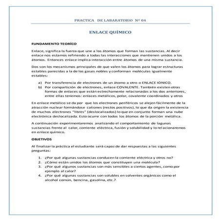 Enlace químico- práctica de laboratorio