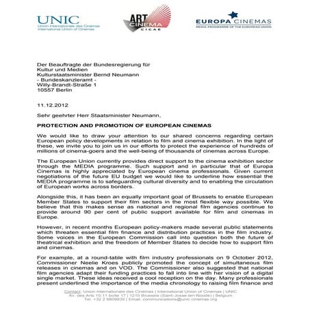 Letter to european ministers for culture staatsminister neumann