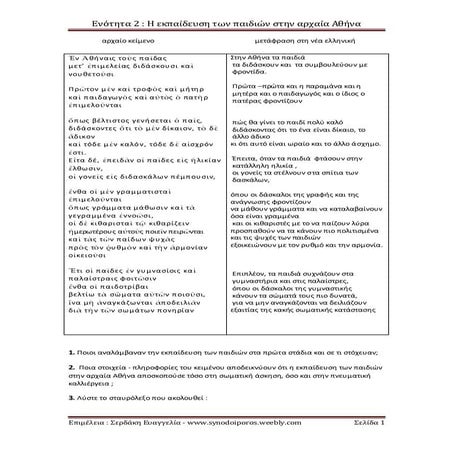 Η εκπαίδευση των παιδιών στην αρχαία Αθήνα - Αρχαία Ελληνική Γλώσσα Α΄Γυμνασίου