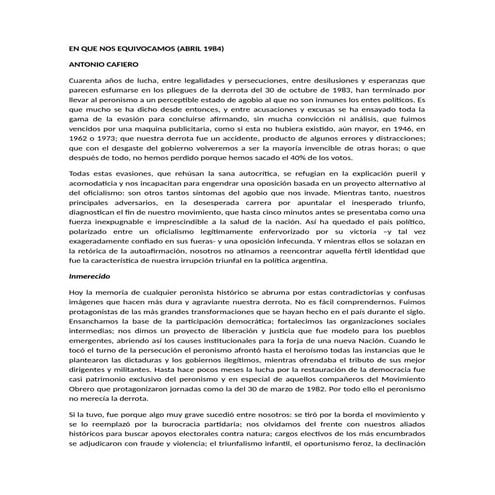 Antonio Cafiero "En que nos equivocamos" año 1984