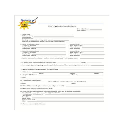Enrollment packet preschool | DOCX