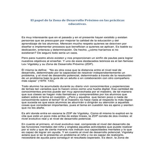 El papel de la zona de desarrollo próximo en las prácticas educativas