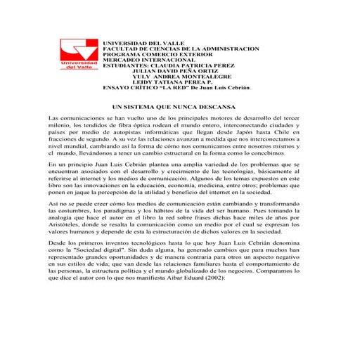 ENSAYO CRÍTICO DEL LIBRO LA RED