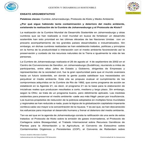 Ensayo argumentativo cumbre johannesburgo, protocolo de kioto y medio ambiente