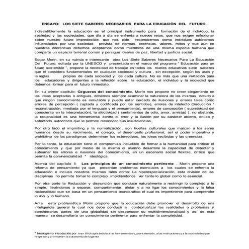 Ensayo  basado en  los siete saberes necesarios para la educación del futuro
