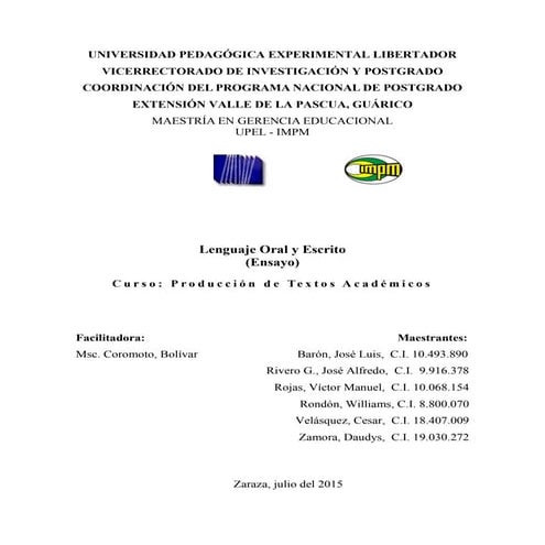 Ensayo de Lenguaje Oral y Escrito