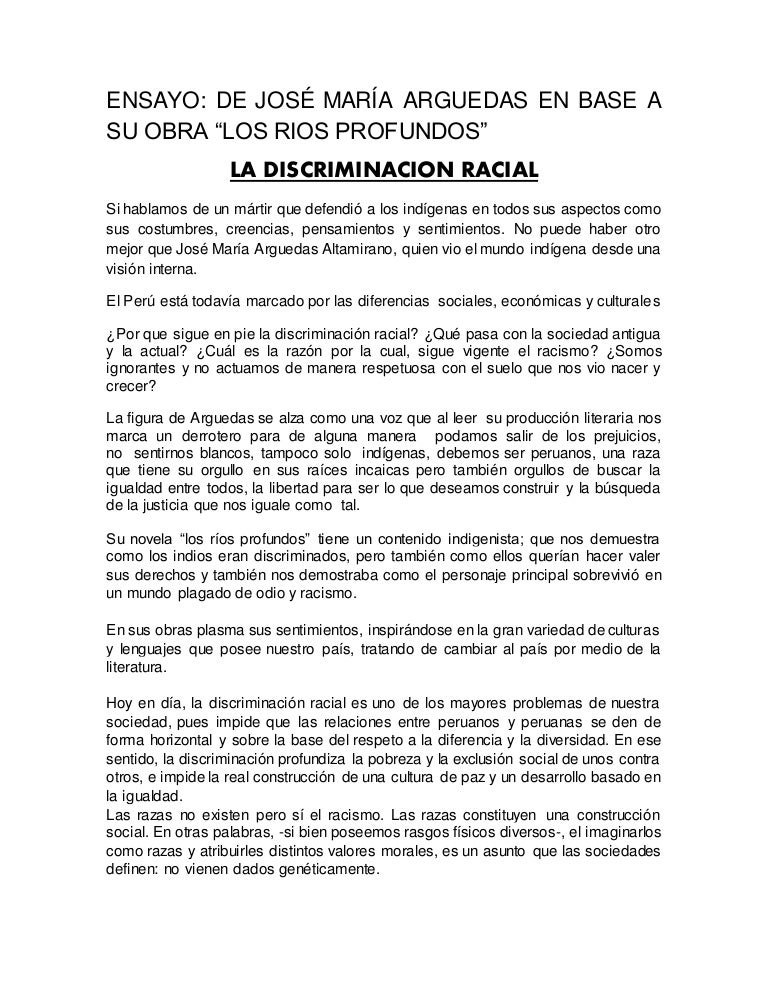 Ensayo de jose maria arguedas altamirano en base a su obra los rios p…