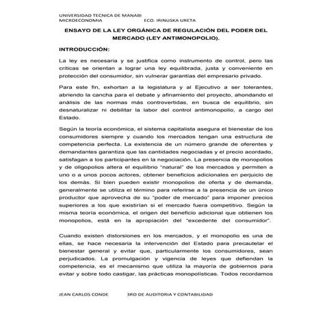 Ensayo de ley organica de regulacion de mercado