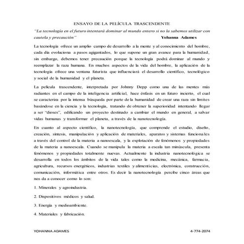 ENSAYO DE LA PELÍCULA TRASCENDENTE