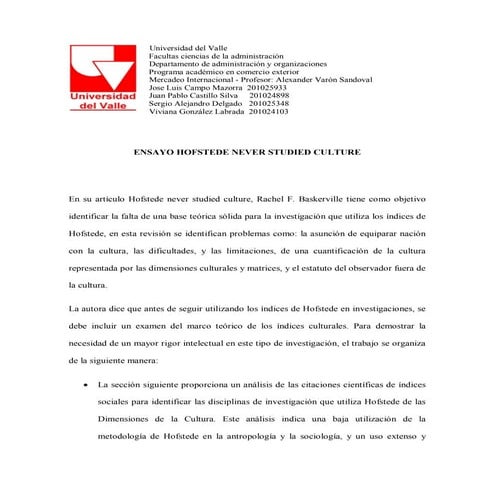 Ensayo Hofstede never studied culture