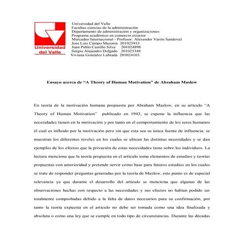 Ensayo acerca de la Teoria de la motivación de Maslow