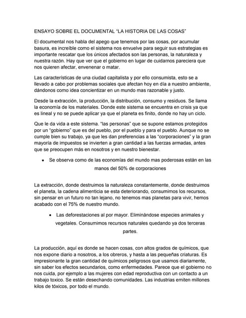 Ensayo sobre el documental la historia de las cosas