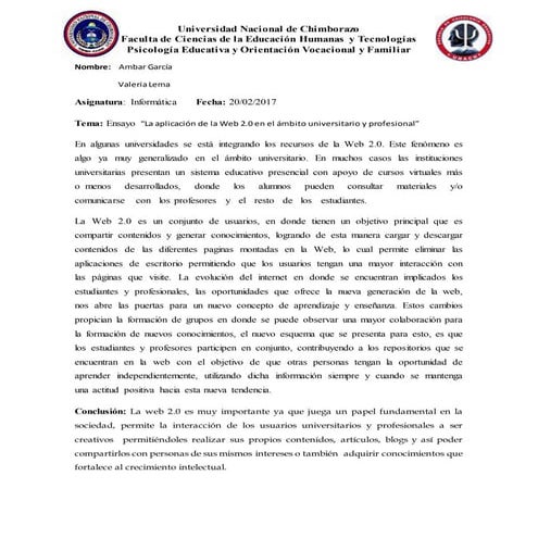 Ensayo sobre la aplicación de la web 2.0 en el ámbito universitario y profesi...