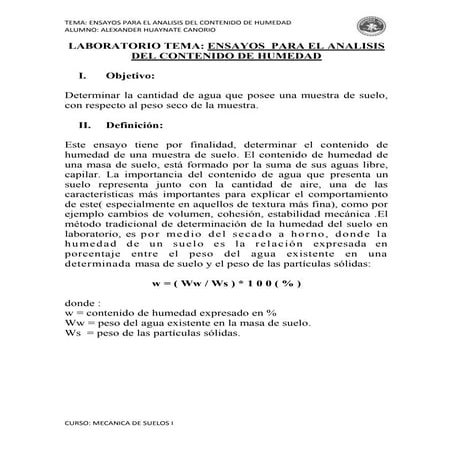 Ensayos para el analisis del contenido de humedad