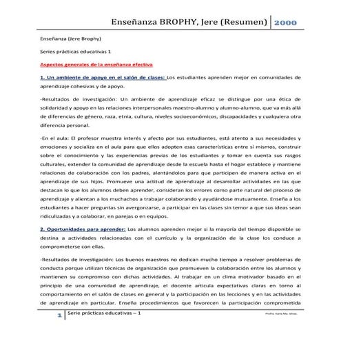 Enseñanza Jere Brophy (2000) Resumen