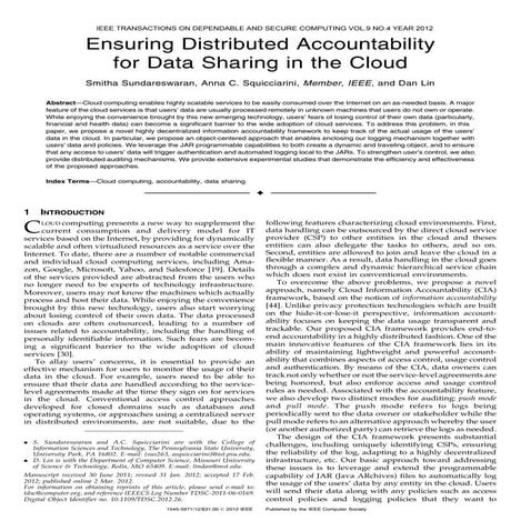 Ensuring distributed accountability for data sharing in the cloud