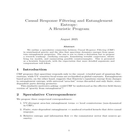 Entanglement Entropy and CRF Research Plan