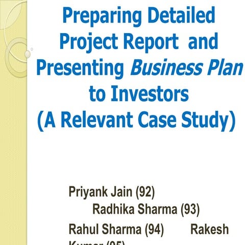 Preparing Detailed Project Report  and Presenting Business Plan to Investors