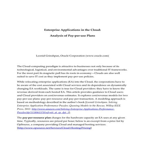 Enterprise applications in the cloud:  analysis of pay-per-use plans