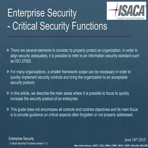 Enterprise Security Critical Security Functions version 1.0