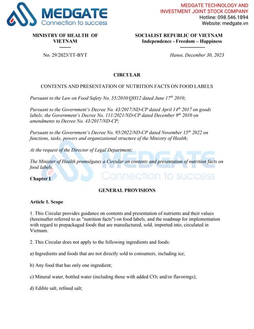 Circular 29/2023/TT-BYT: CONTENTS AND PRESENTATION OF NUTRITION FACTS ON FOOD...
