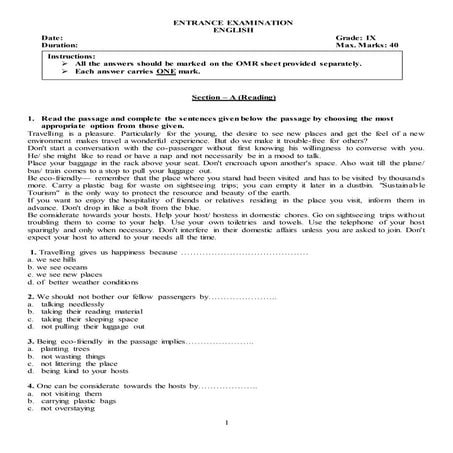 Entrance Exam Grade 9 