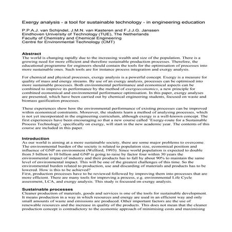 Exergy analysis - a tool for sustainable technology - in engineering education