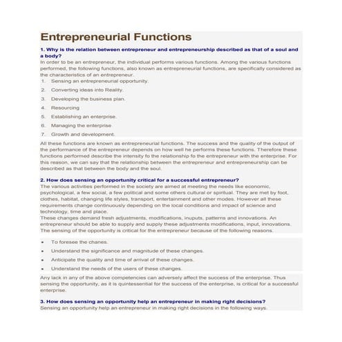 Entrepreneurial functions