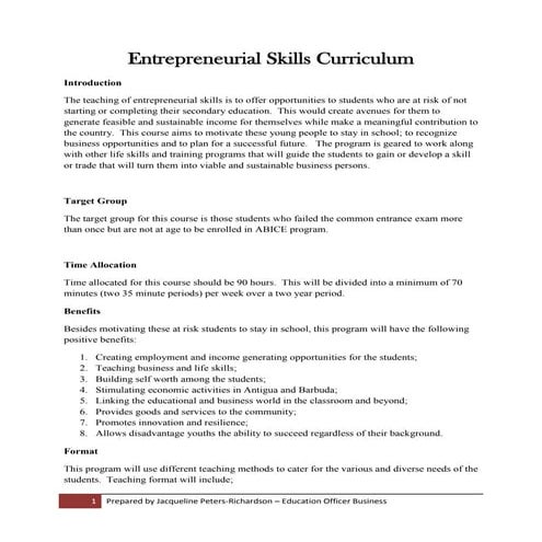 Entrepreneurial skills curriculum