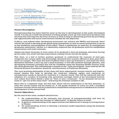 Ashesi University Entrepreneurship Course Outline Fall 2014