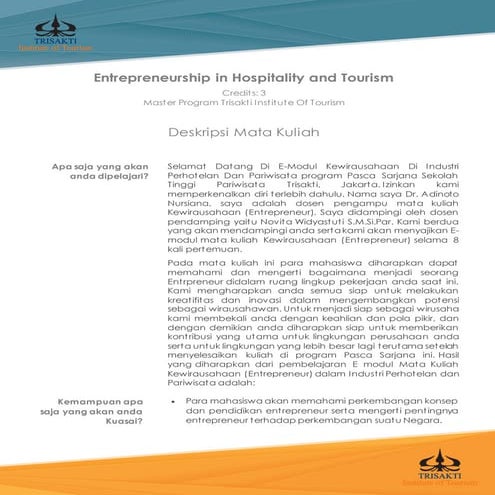 Entrepreneurship in hospitality and tourism | PDF
