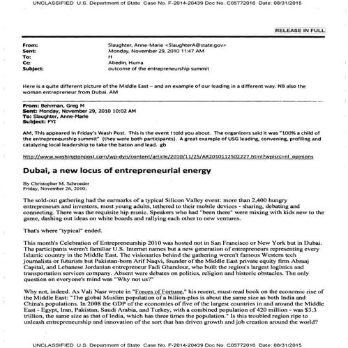 Clinton Emails:Entrepreneurship summit