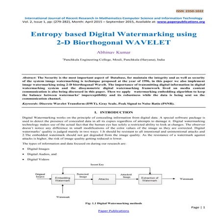 Entropy based Digital Watermarking using 2-D Biorthogonal WAVELET