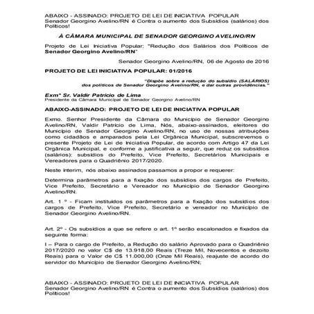 PROJETO DE LEI INICIATIVA POPULAR