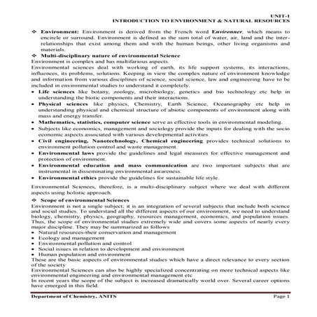 INTRODUCTION TO ENVIRONMENT & NATURAL RESOURCES