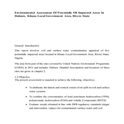 Environmental Assessment Of Potentially Oil Impacted Areas In Duburu, Khana L...