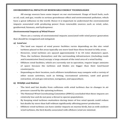 Environmental impacts of renewable energy technologies | PDF