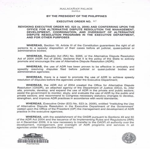 Malacanang Palace: Executive Order No. 97