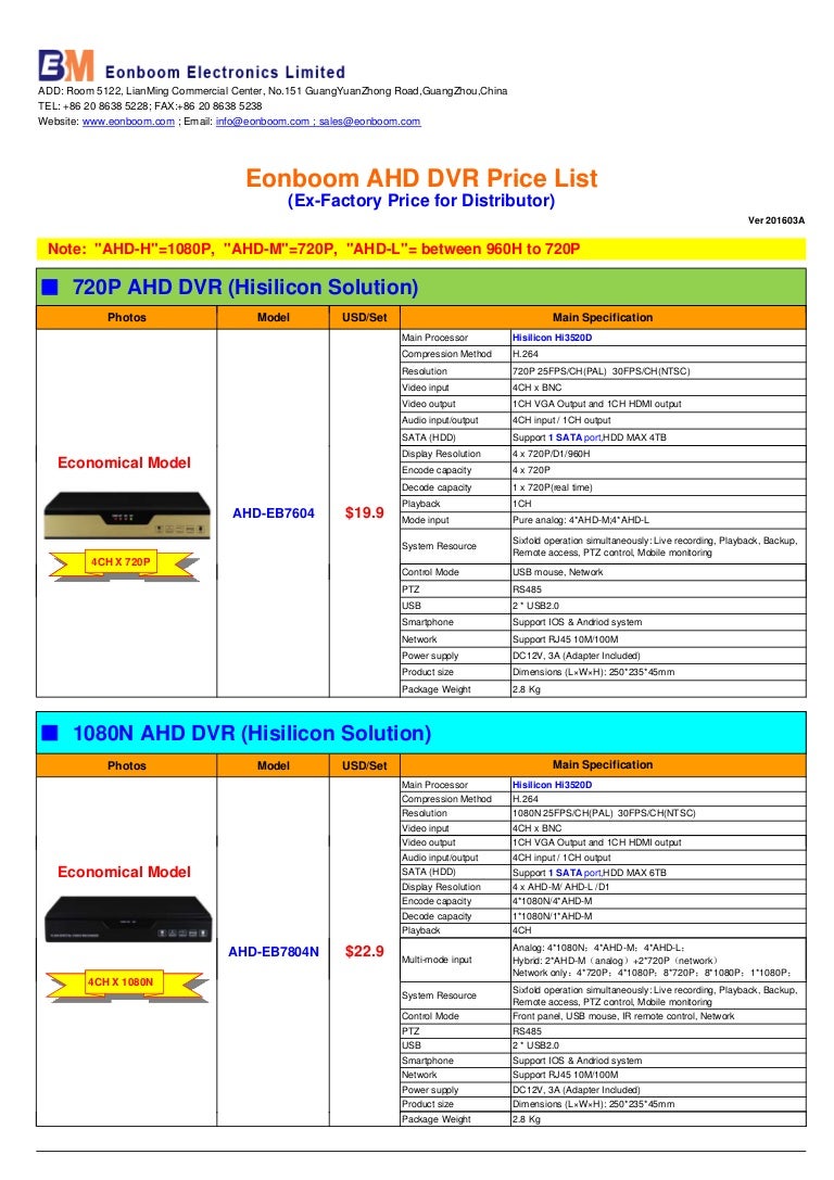 AHD DVR PRICE LIST ver201603A