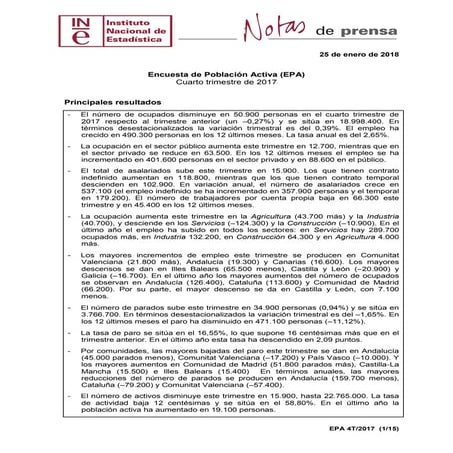 Nota de prensa. Encuesta de población activa de 4º trimestre 2017 - Epa0417