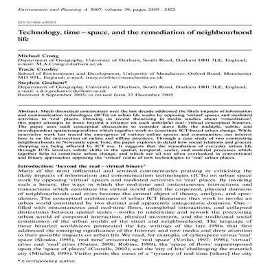 Crang, Michael, Tracie Crosbie, and Stephen Graham. "Technology, timespace an...