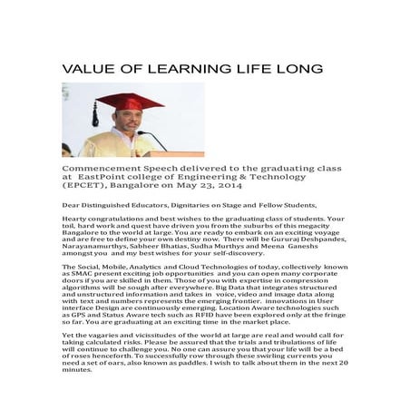 Commencement Speech on Value of Learning Life Long