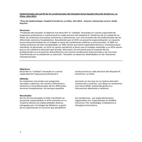Epidemiología del perfil de los profesionales del  hospital zonal agudos ricardo gutiérrez, la plata, año 2015