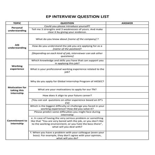 EP interview question list